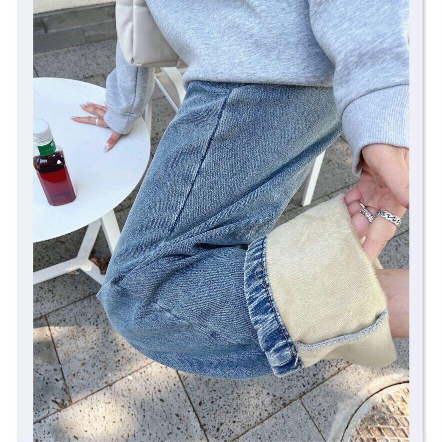 Exclusive Fleece-Lined Wide-Leg Women's Jeans - Autumn/Winter, Loose Fit, Slimming Solid Color