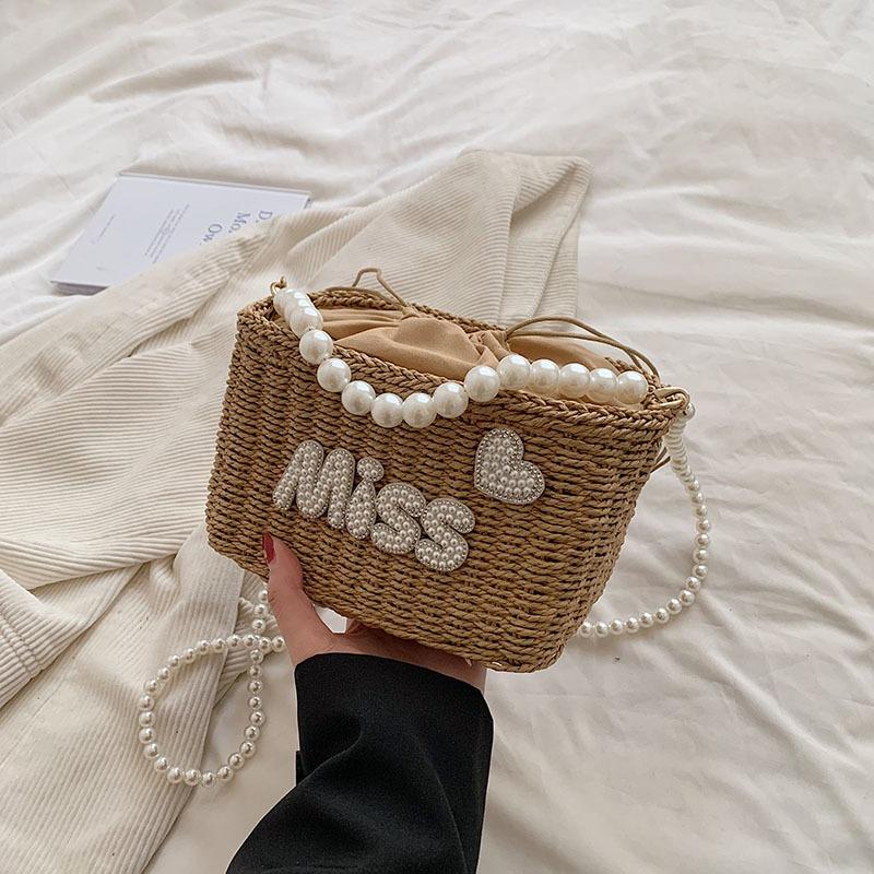 Summer Straw Bag Women's Pearl Hand Woven Bag Fairy Beach Vacation Beach Bag Chain Crossbody Bag