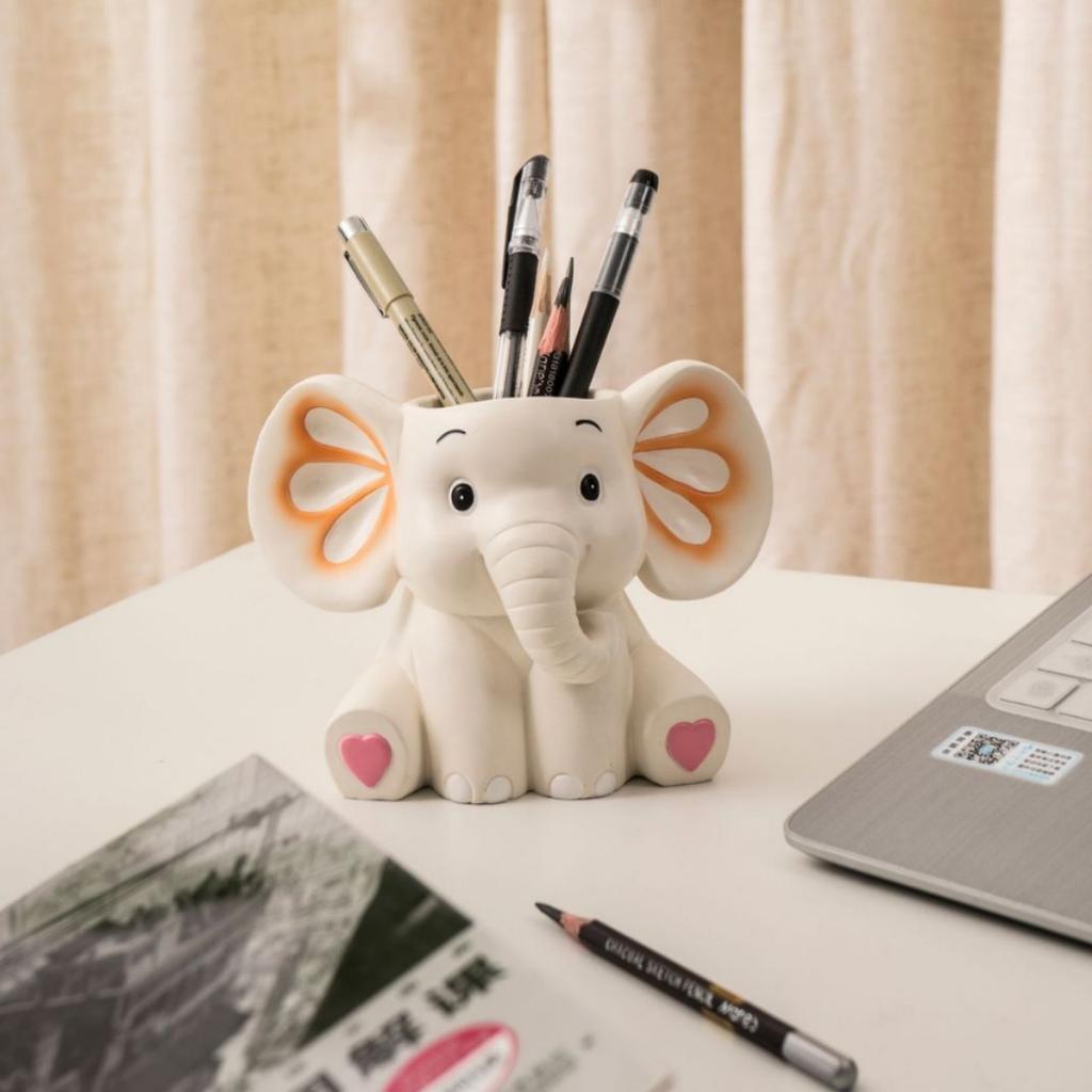 Cute Elephant Pen Holder Storage Box Ornament Home Office Desktop Cartoon Animal Resin Crafts