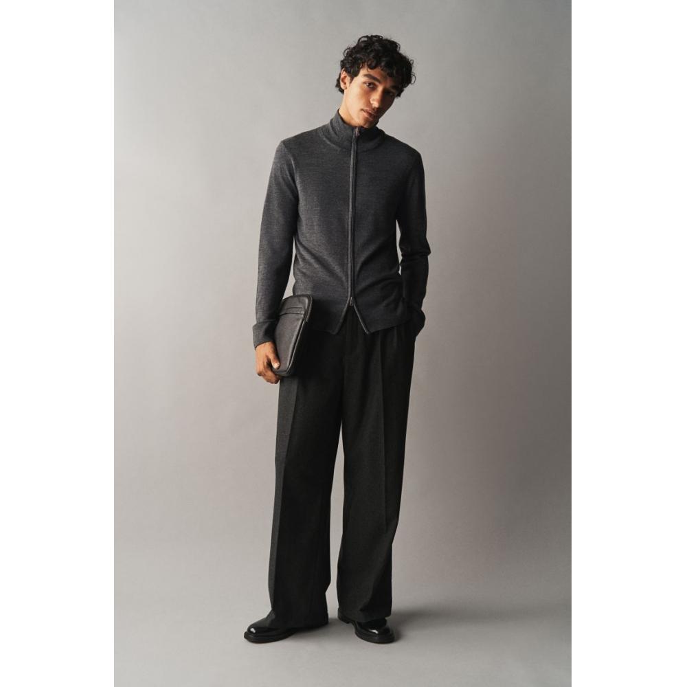 H M sliM Fit Merino Wool Zip Up Cardigan Dark Grey