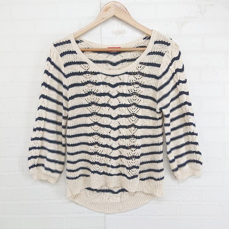 earth music&ecology border design knit long sleeve cut and sew size F beige navy ladies E [Used]