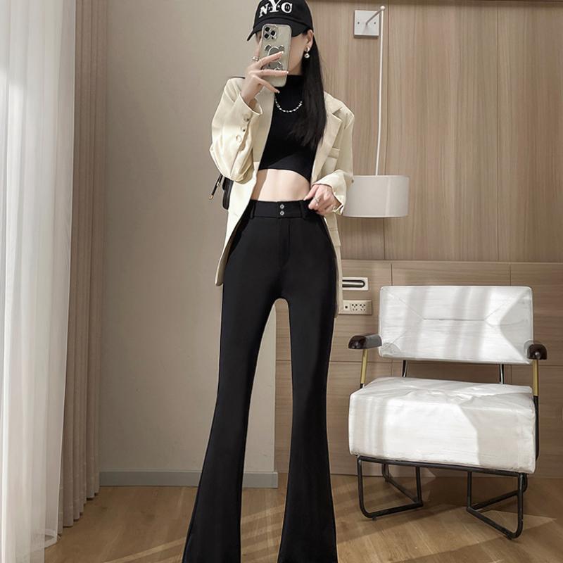 

Черные расклешенные брюки с высокой посадкой Весенние брюки буткат для миниатюрных фигур Повседневные универсальные брюки для костюма, стройнящие талию, для женщин M чёрный