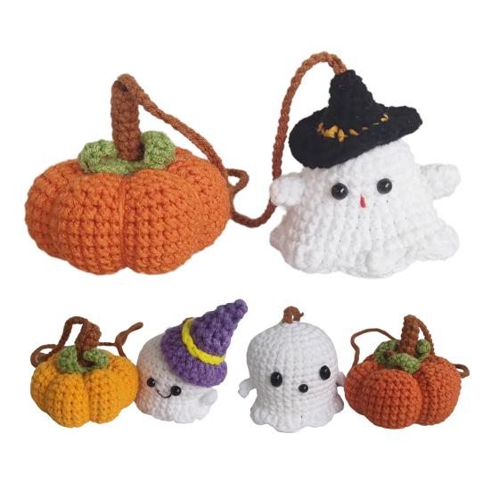 Halloween Crochet Pumpkin And Ghost Car Pendant Handmade Mini Knitted Ghost Pumpkin Hanging Ornament for Car Rear View Mirror Interior Accessories