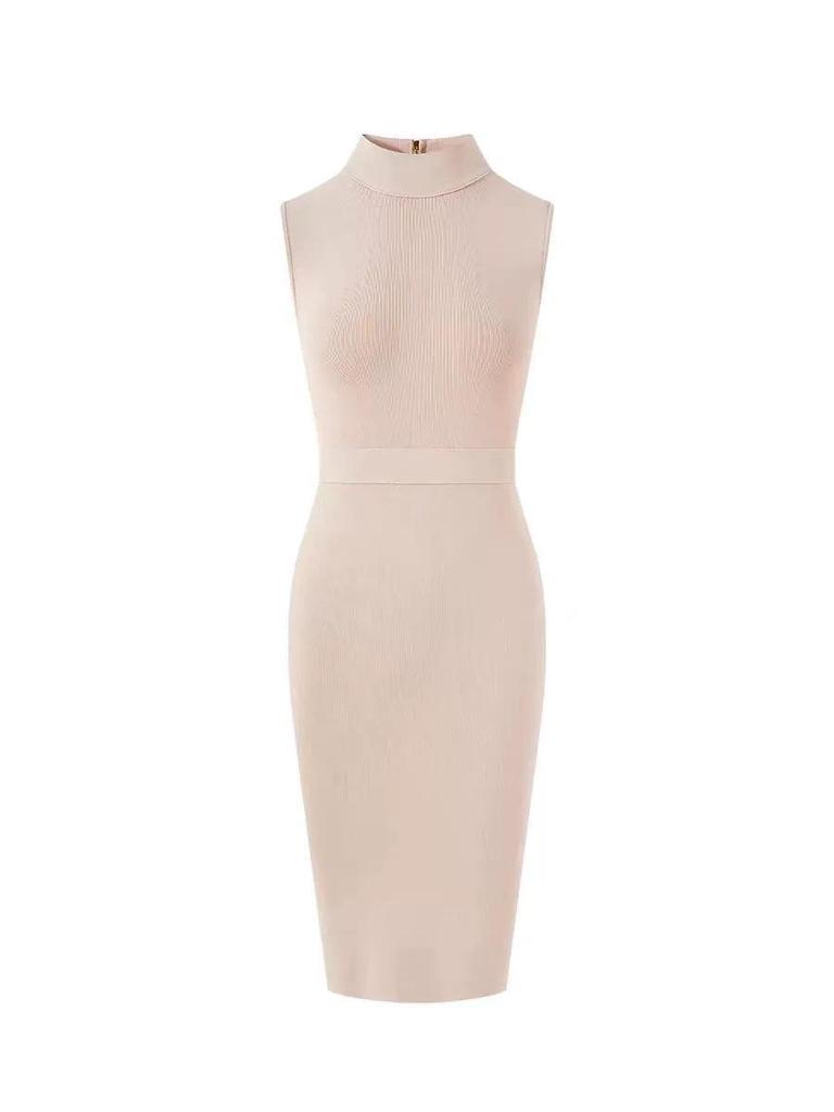 Women's Sleeveless Mock Neck Slim Fit Ruched Bodycon Dress