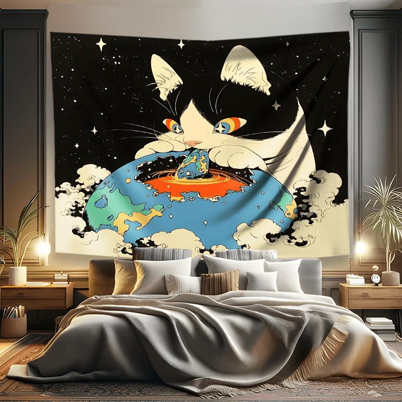 Cosmic Cat Playing With Earth Tapestry 2D Single Print Durable Tapestry Home Bedroom Living Room Dorm Space Cat Lover Vibe Decor