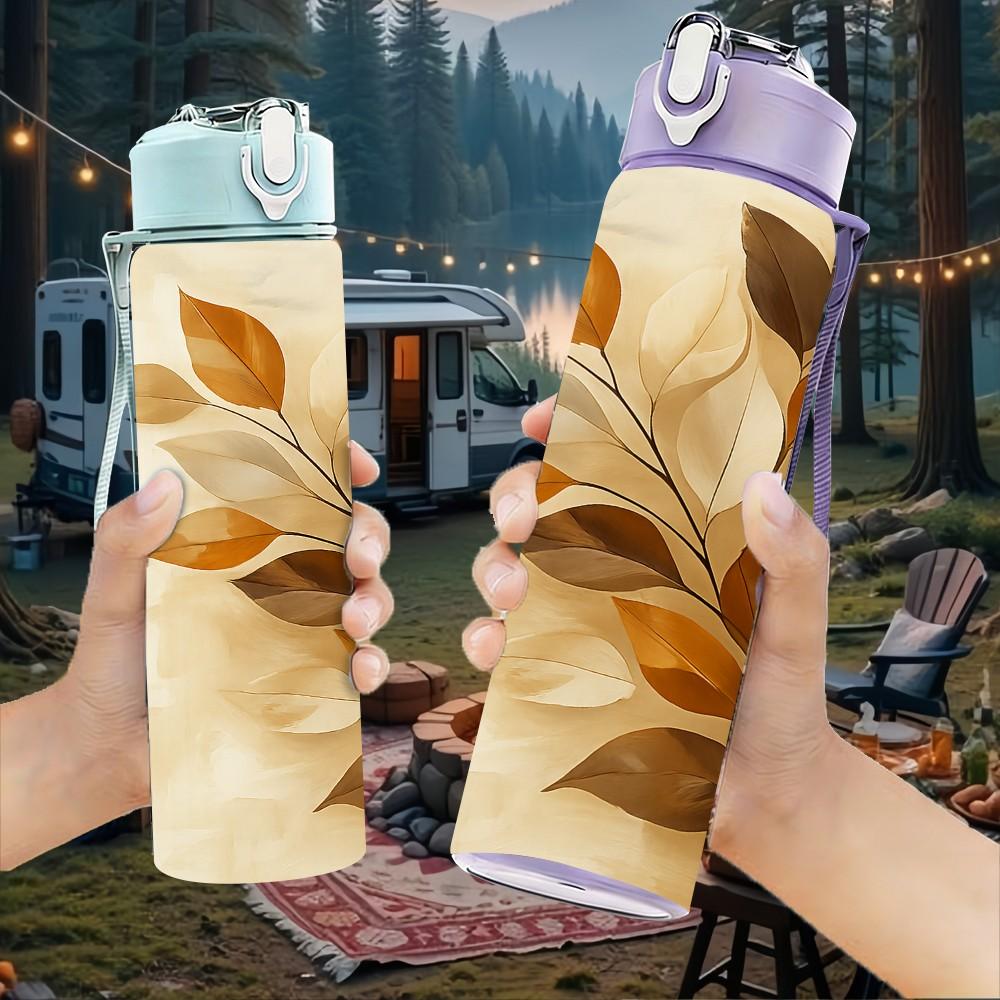 1PC Warm Tone Dry Leaf Art 750ml Color Plastic Sports Water Bottle Leakproof Flip Straw Lid Suitable for Sports Office Home Use