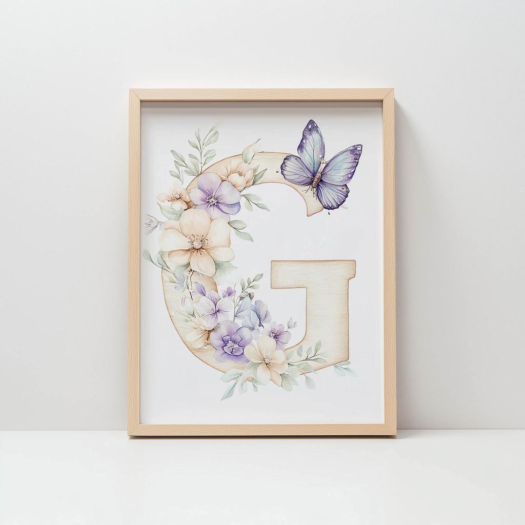 Floral Letter G With Butterfly Poster Floral Letter G With Butterfly Poster, 40X50 Cm, Gold Aluminum Frame, 230 Gsm Matte Paper
