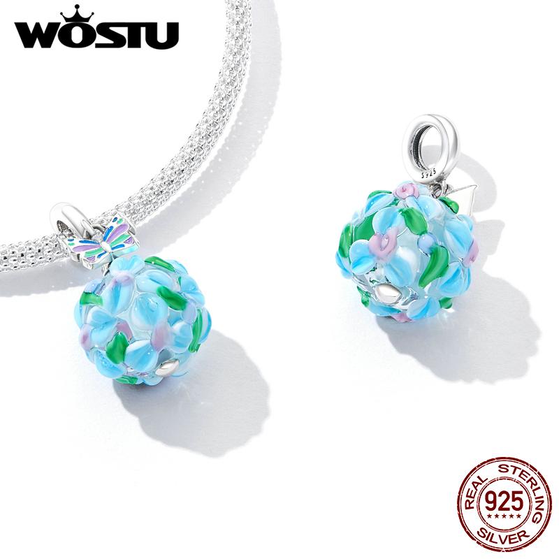 WOSTU 925 Sterling Silver Delicate Flower Butterfly Charm Crystal Blue Bead Fit Original Bracelet For Women Jewelry