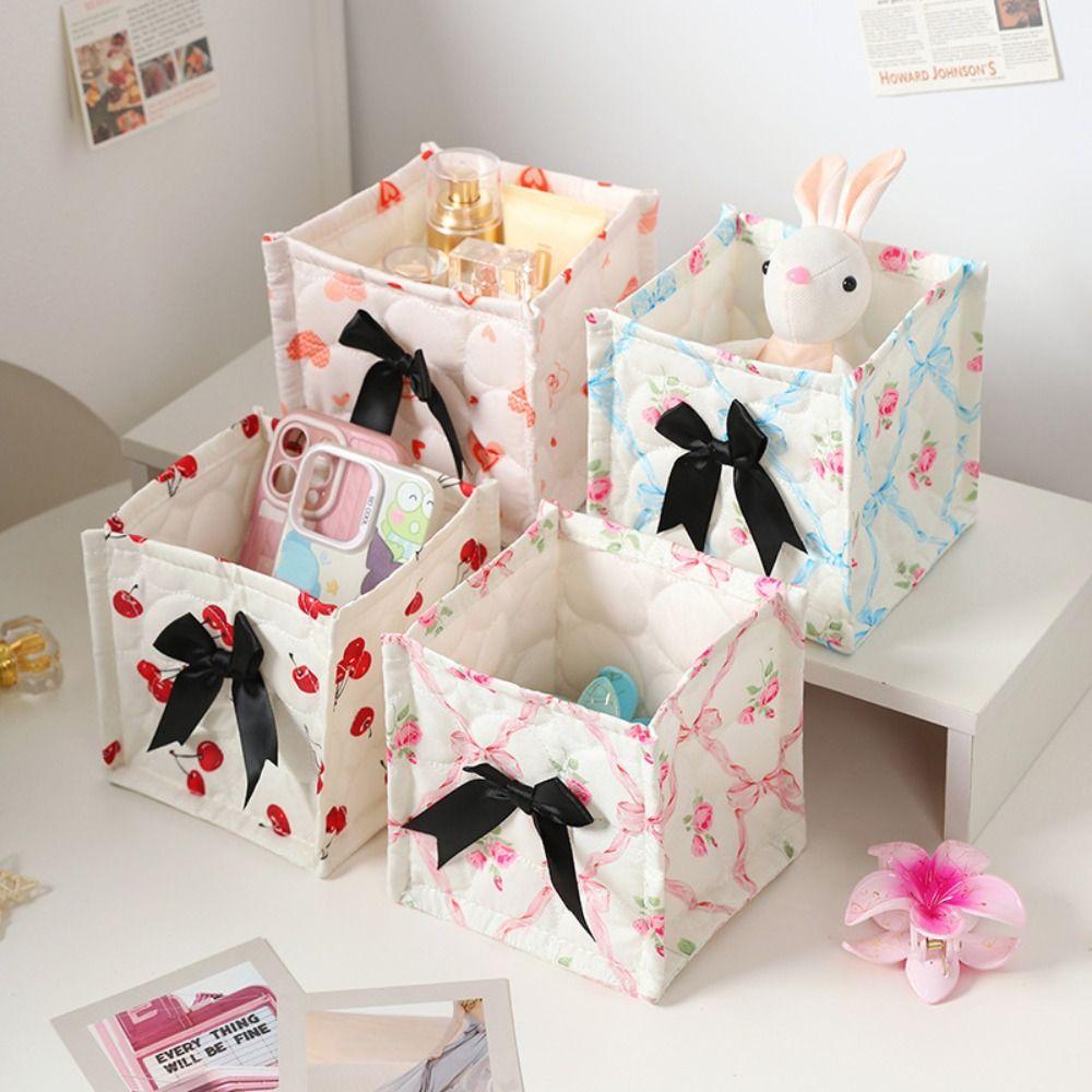 Square Desktop Storage Basket Bowknot Pattern Storage Frame Cute Organizer Box  Home Decoration