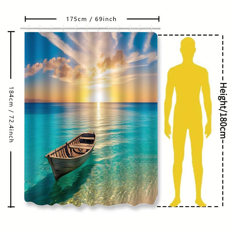 Sunset Sea View Boat Bathroom Curtain Hooks Included Waterproof Fabric For Tub Suitable For Wet And Dry Separation Easy-Clean