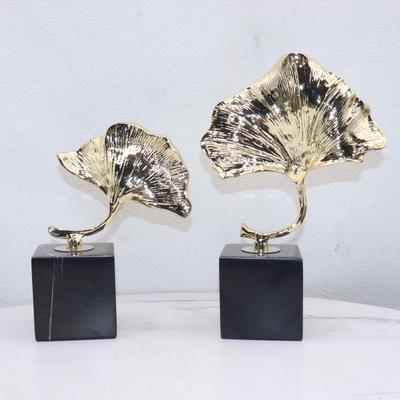 Creative Ginkgo Leaf Metal Ornament with Marble Base for Home Decor