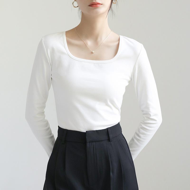 Women's Square Neck Long Sleeve T-Shirt Slim Fit Solid Cotton Casual Basic Undershirt Autumn Commuter Top
