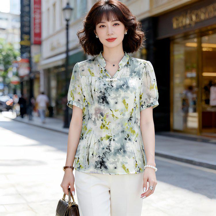 

Chic Chiffon Printed Short-Sleeve Top for Women 2XL (for 52.5-60 kg) зелений