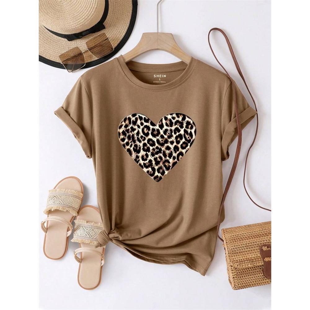Urban Fashion Women's Leopard-print Short-sleeved Top Summer Daily Casual Women's Crew-neck T-shirt Outdoor Street Elegant Top