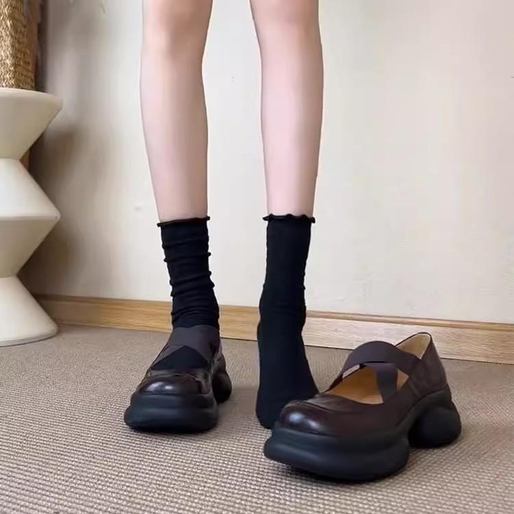 Sheepskin Version~ Thick-soled Inner Height Increase College Mary Jane Shoes Women's One-pedal New Small Leather Shoes Thick Heel Shallow Mouth Singl