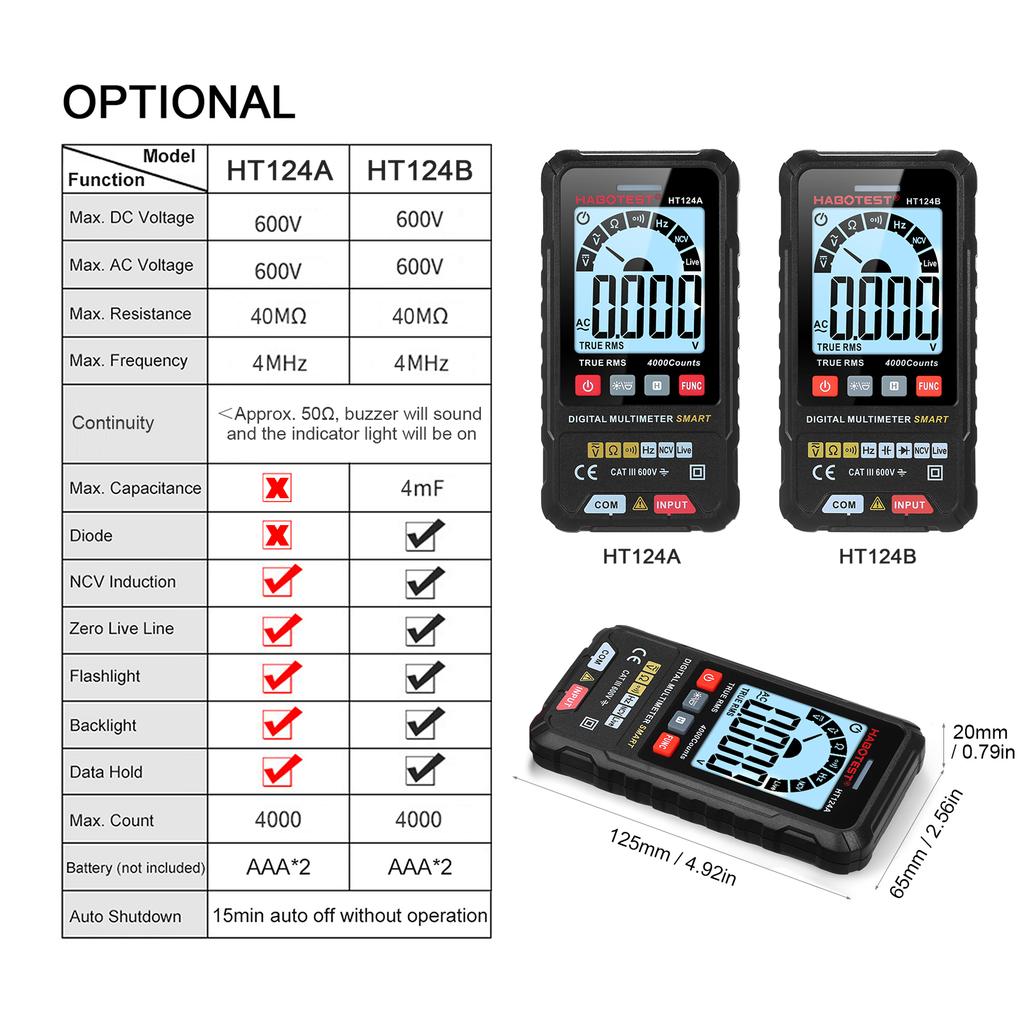 HABOTEST HT124B Smart Digital Multimeter 4000 Counts True   Auto Ranging Voltage Meter with Backlight LCD Screen 600V AC   Voltmeter Electric Test 
