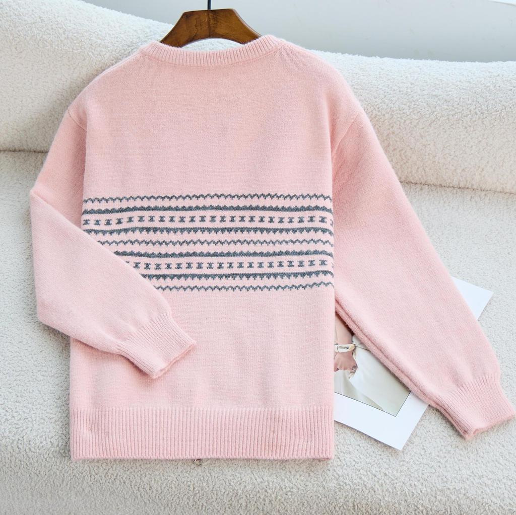 Korean Crew Neck zipper knitted cardigan women's 2025 autumn winter loose outer wear lazy wind lapel print sweater jacket coats