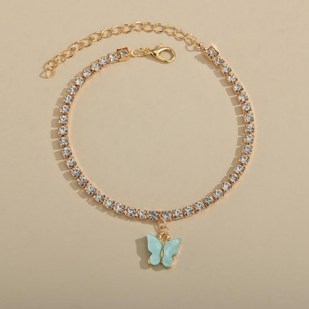 Einfacher Damen-Einreiher-Fußkettchen Strandwind Schmetterlingsanhänger Diamantenbesetztes Metall-Fußkettchen