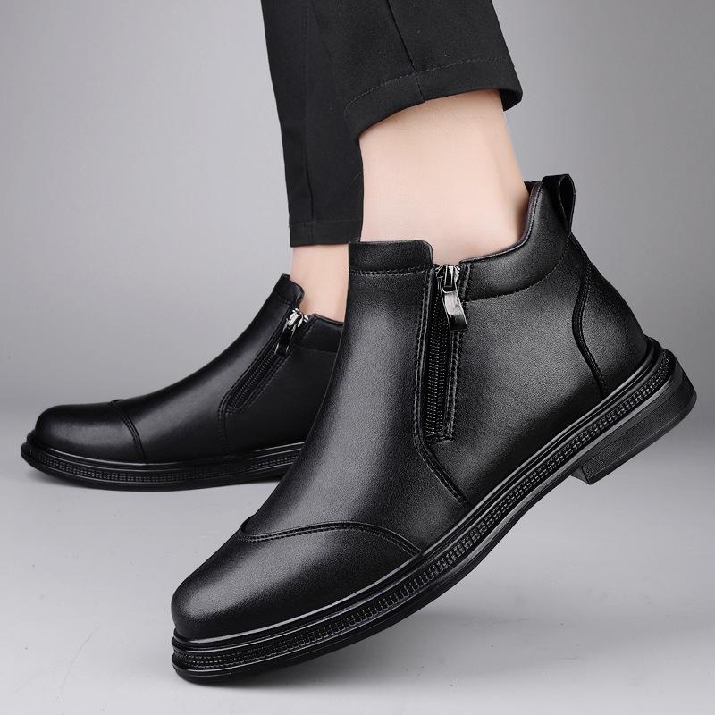 Large size high-top leather shoes British side zipper foot cover casual velvet leather shoes