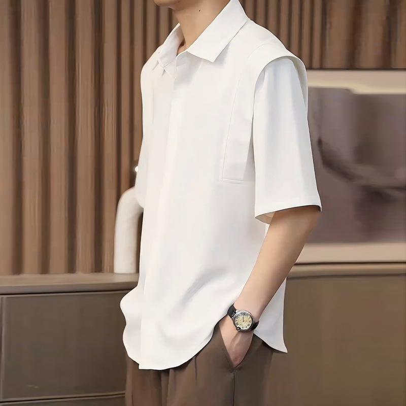 Nová splývavá košile s krátkým rukávem z ledového hedvábí Pánský letní top s polovičním rukávem Korejská jednobarevná bez rukávů se středním rukávem Podšívka