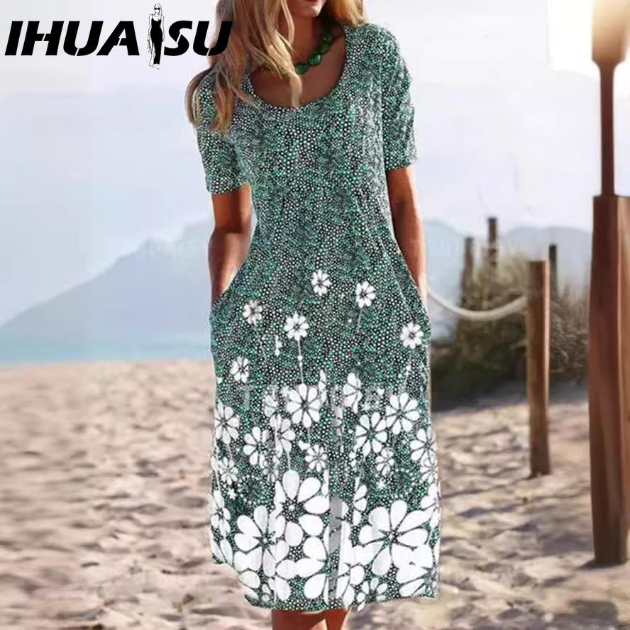 IHUASU Women's Fashion Summer Spring Solid Color Print Short Sleeve V-Neck High Waist Casual Dresses