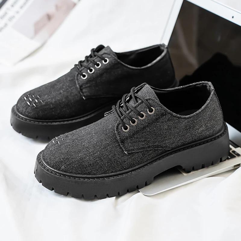 Fashion Men Black Canvas Thick Soled Oxford Shoes Lace Up Thick Soled Casual Shoes Retro Streetwear Style Designer Shoes 2025 Slippers
