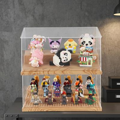 Dustproof Clear Acrylic Display Case with Wood Base Stackable Storage Box for Mini Action Figures Building Blocks Car Models Col