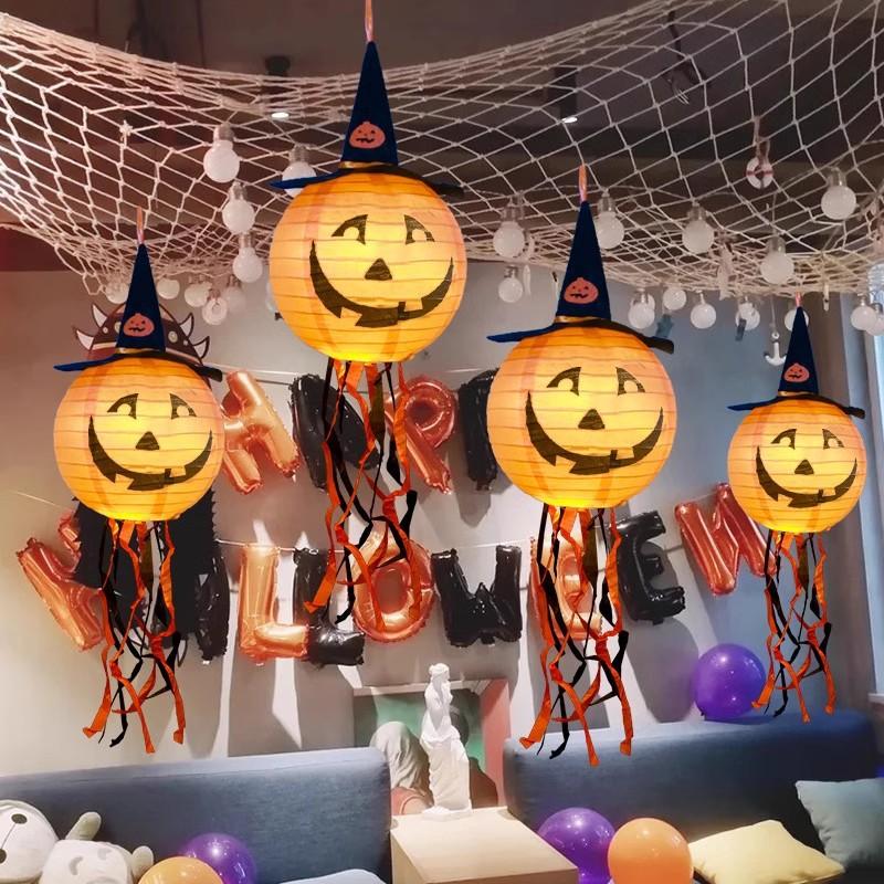 3pcs Halloween Pumpkin Lantern Decorations: Light-Up Paper Lantern Hangings for Outdoor, Kindergarten & Hotel Scene Setup