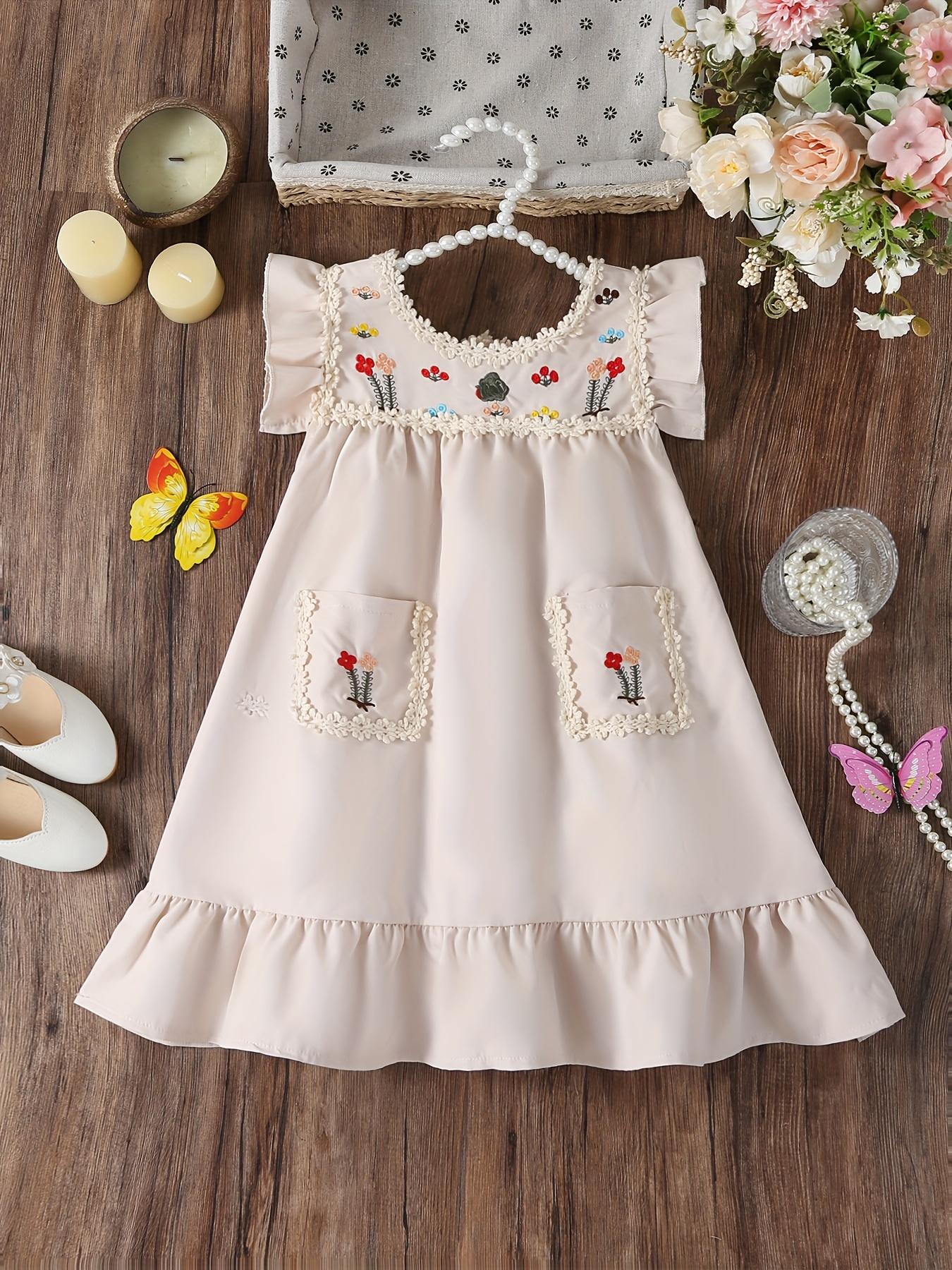 Girls Floral Embroidered Ruffle Dress, Summer Vintage Casual Sundress 4Y