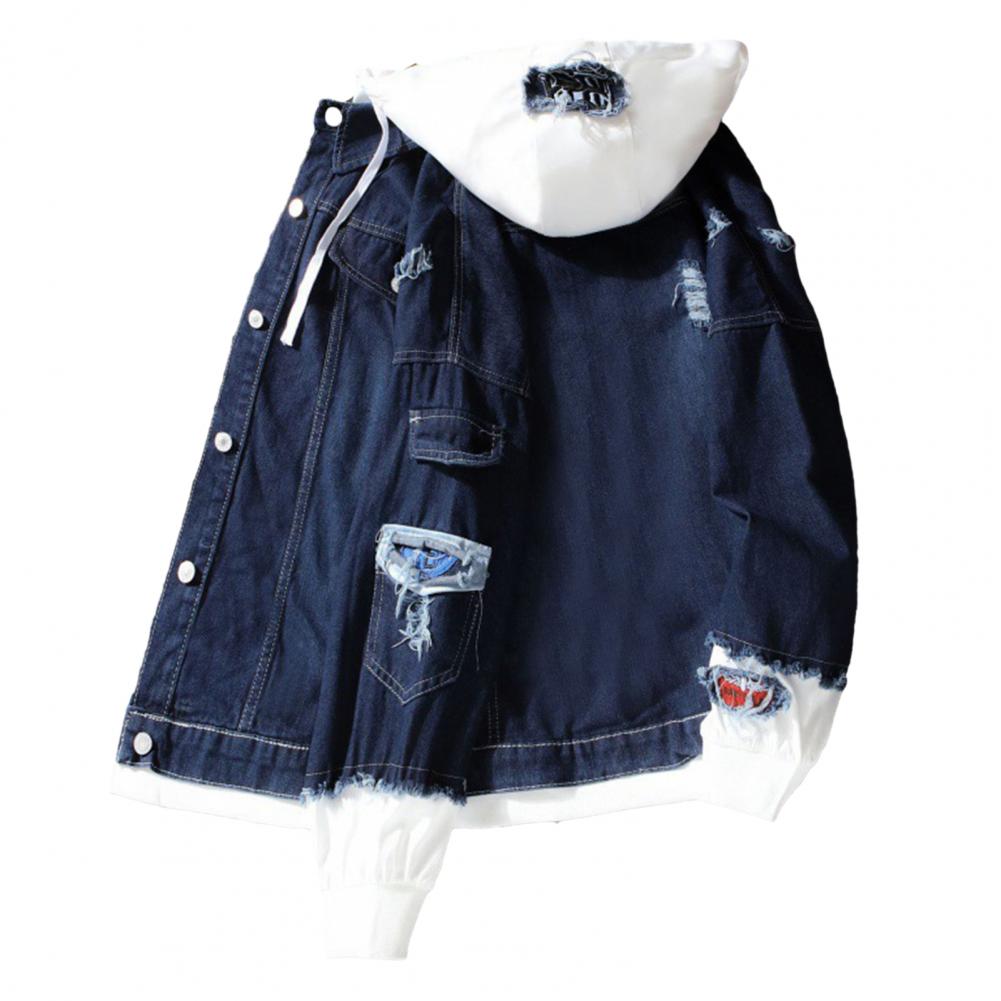 Manteau Printemps Homme à Capuche Fausse Deux Pièces Assorti Couleur Simple Boutonnage Ample Manches Longues Cardigan Poche Patchée Déchirée Ev Usage Pratique XXL