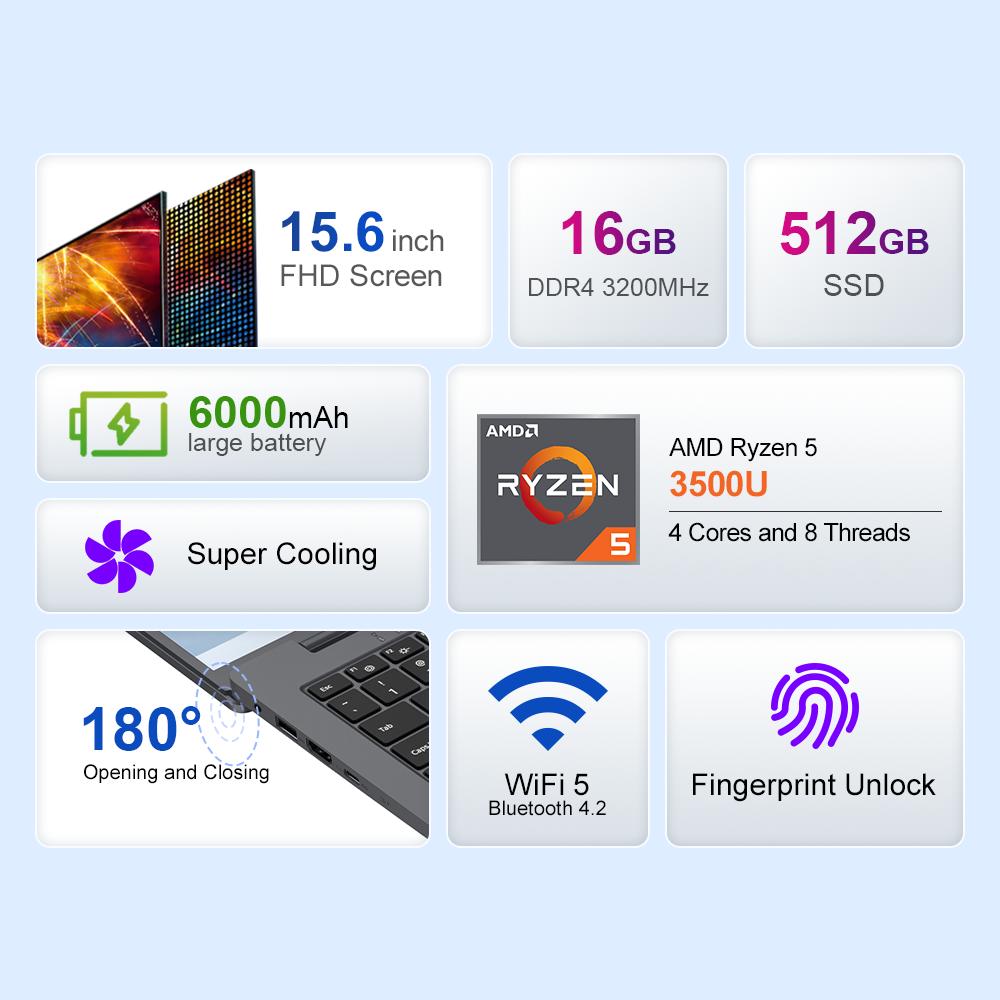 Laptop Ninkear A15 Air 15.6'' 16G+512G SSD AMD Ryzen 5 3500U  1920x1080 60Hz Refresh Rate
