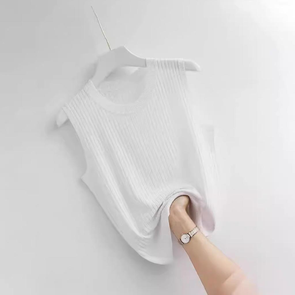 The New Vest Women's Outer Wear Is Slim-fitting Inside, Solid-color Threaded Round Neck Sleeveless Top Is Thin and Versatile, Large Size and Thin Base