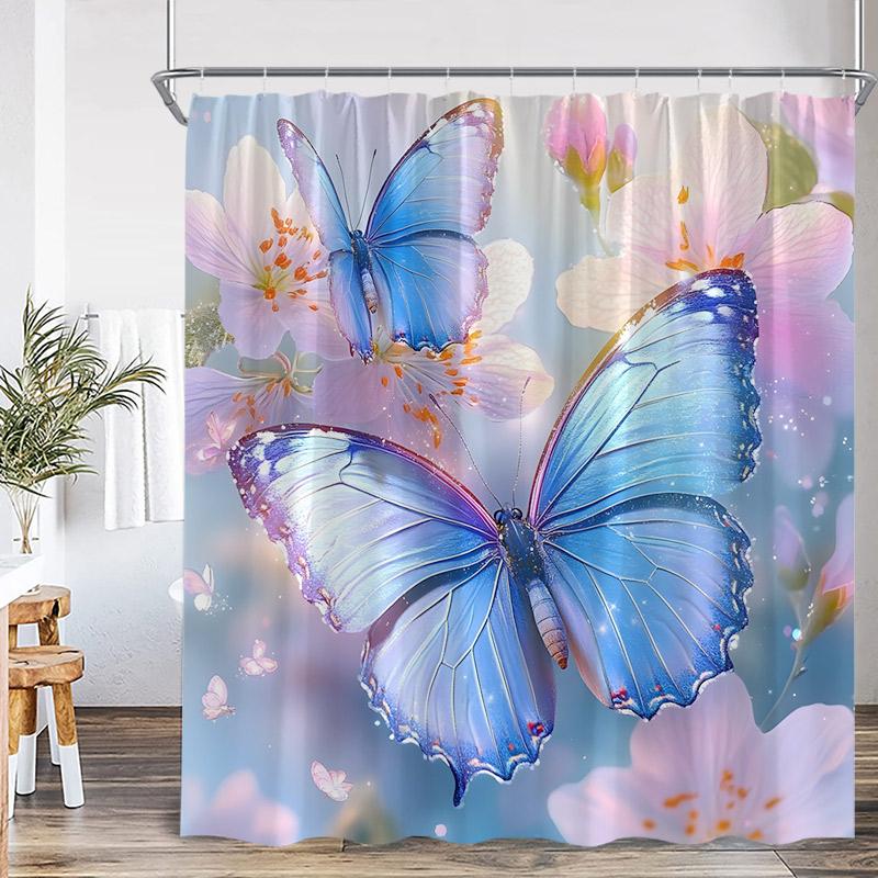 Floral Butterfly Shower Curtains Vintage Paris Tower Butterflies Watercolour Pink Purple Flowers Bath Curtain Bathroom Decor Set