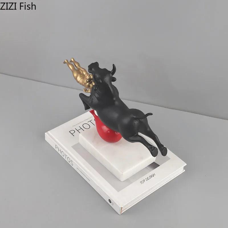 Game with Bulls Sculpture Marble Base Ornaments Modern Crafts Desk Decoration Bullfighter Abstract Artwork Room Aesthetic Decor