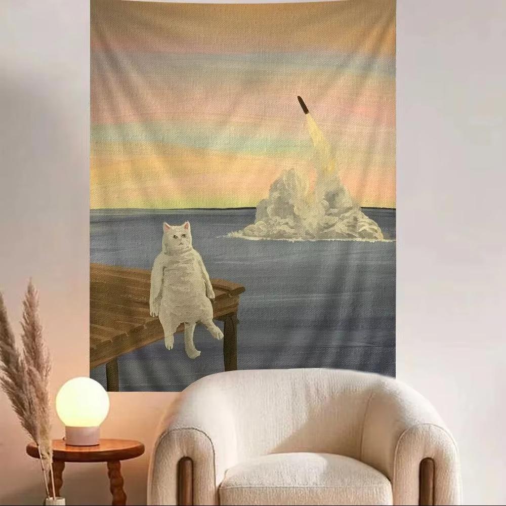 Creative Cat Cartoon Tapestry, Funny Wall Hanging For Living Room Decor, Cute Bedroom Office Wall Art Print
