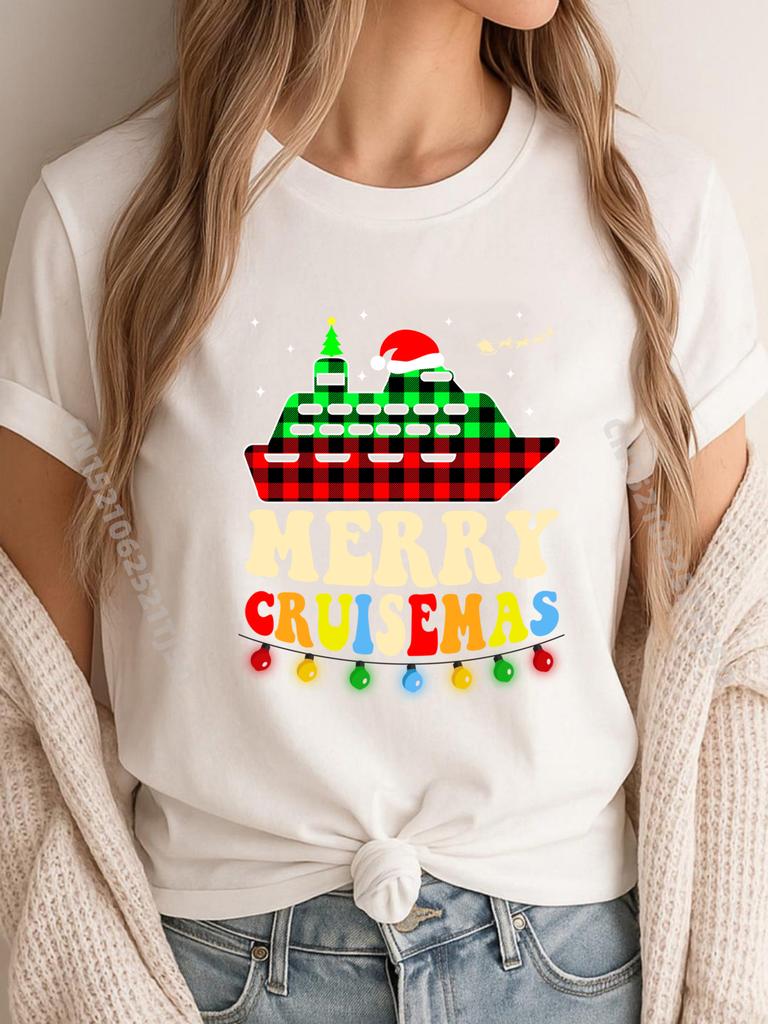 Merry Cruisemas 2025 Christmas Santa Reindeer Cruise Vintage T Shirts Women Clothing Camisa Loose