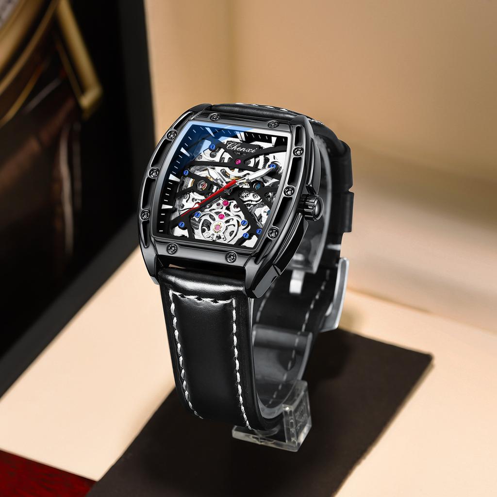 New TOP Brand Luxury Men's Watch With Box Men's Wine Barrel-shaped Hollow Automatic Leather Waterproof Men's Mechanical Watches
