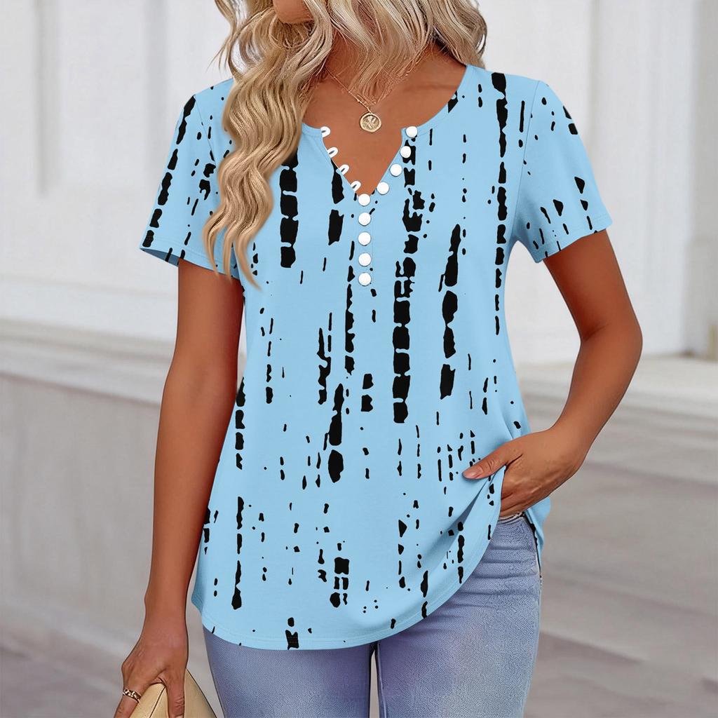 Damen Kurzarm Hemdbluse mit Blumenmuster, Henley-Kragen, Knopfleiste, Lässige lockere Passform, Oberteil für den täglichen Gebrauch und Outdoor-Aktivitäten