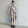 Women's Summer Retro Dresses Gradient Party Dress Backless Elegant Irregular Ruffle Korean Style Clothing