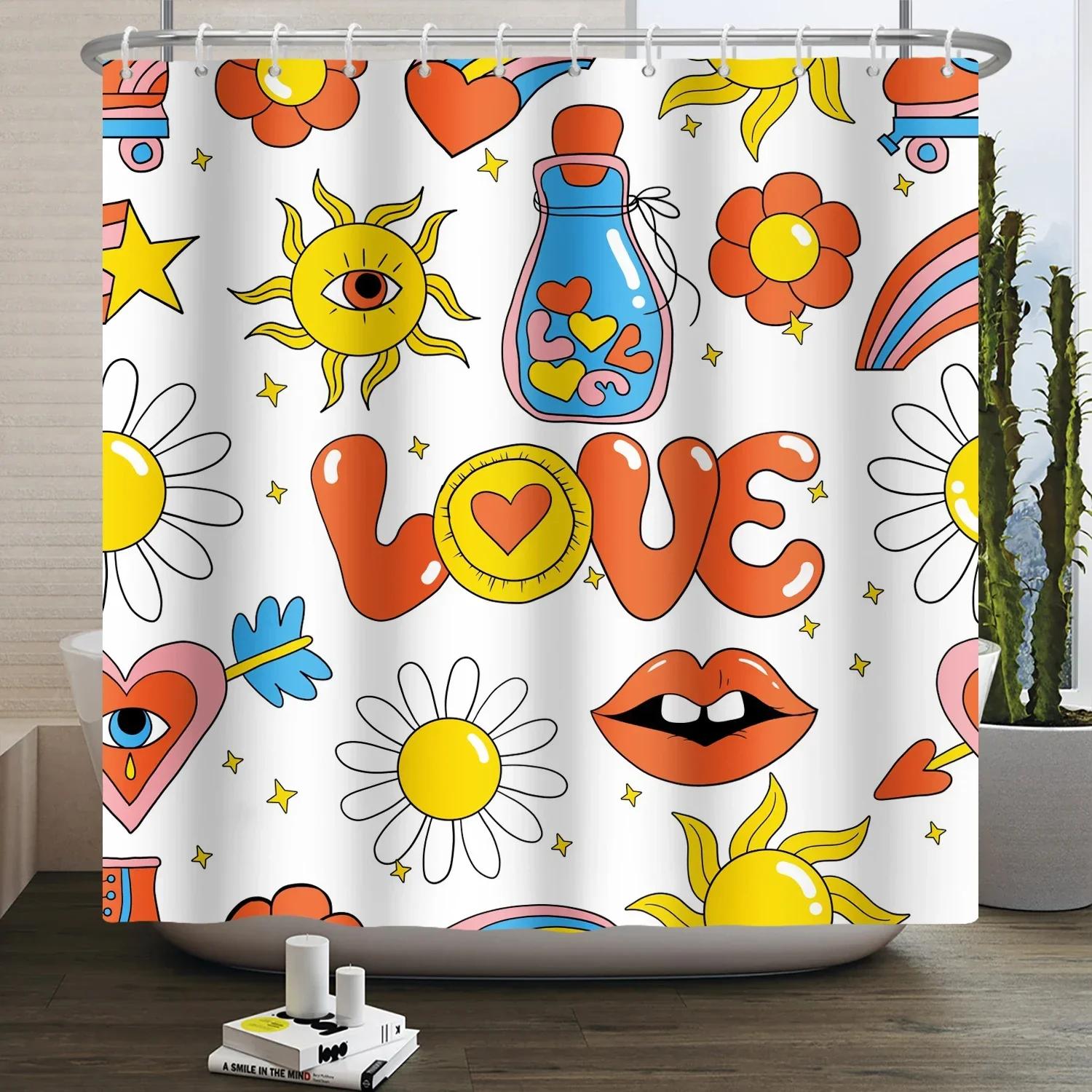 

70S Vintage Rainbow Shower Curtain, Mushroom Moon Hippie Flower Sun Moon Butterfly Botanical Vintage, Bathroom Decorative W60H190(CM)-1 Pcs