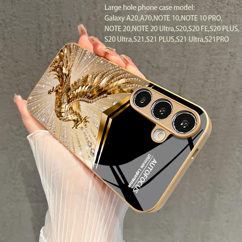 Diamond Decorated Phoenix Pattern 2D Phone Case for Samsung S26 S25 S24 S23 S22 S21 S20 A56 A36 A16Golden Glass Protective Cover