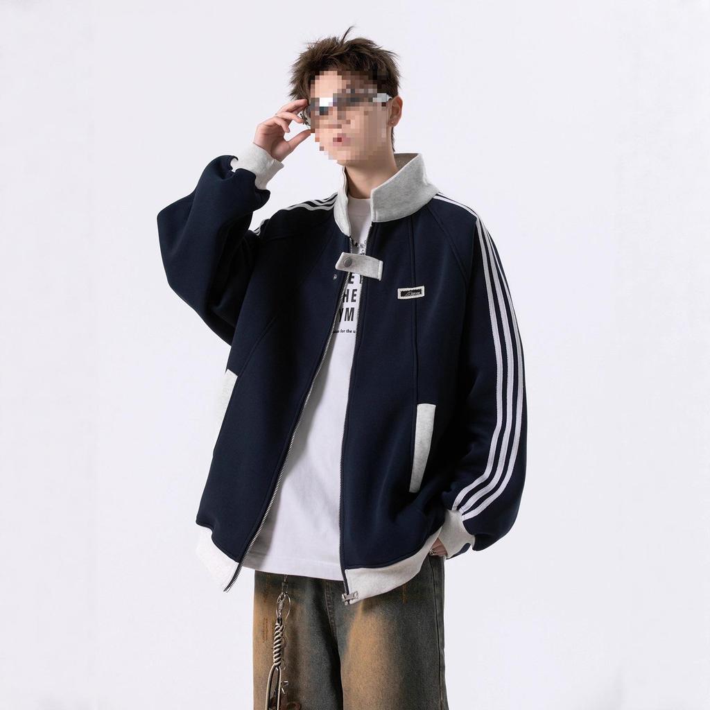 American Three-Stripes Unisex Heavyweight Baseball Jacket - Trendy Autumn/Winter Striped Patchwork Outerwear for Teens