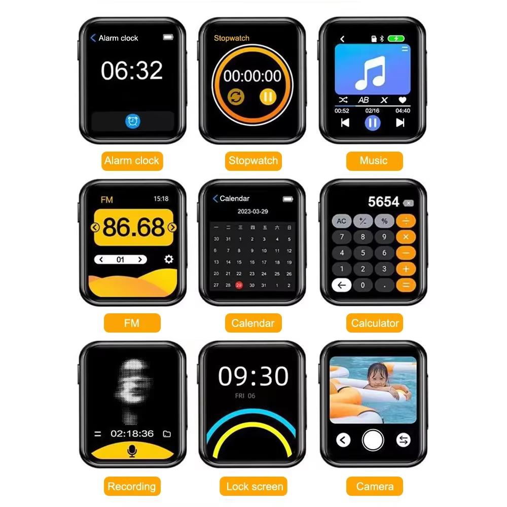 Lettore musicale MP3 con Bluetooth 5.4 HiFi MP4 Walkman Schermo touch completo Altoparlante incorporato Registratore Fotocamera Lettore video FM/E-book