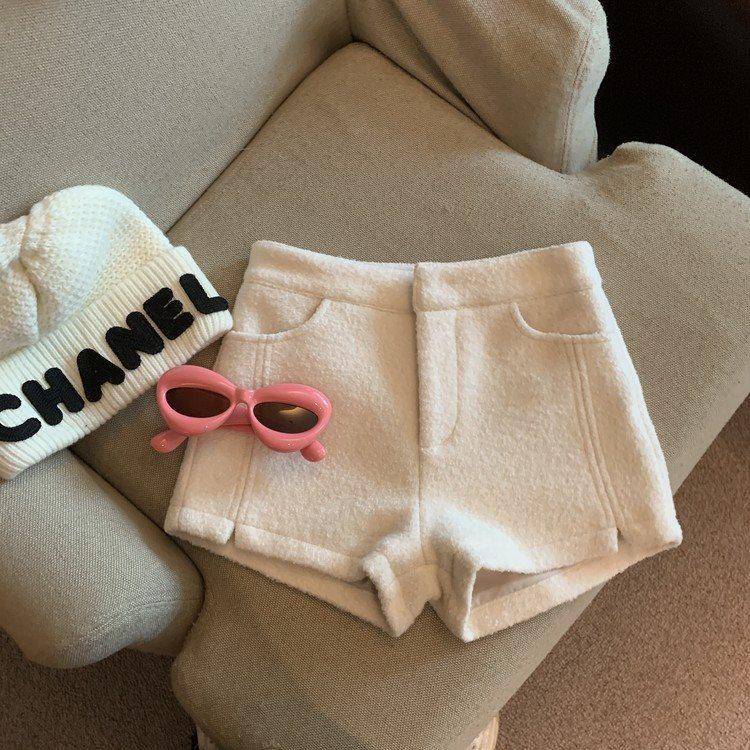 Women's High-Waisted White Tweed Wide-Leg A-Line Shorts for Spring and Autumn