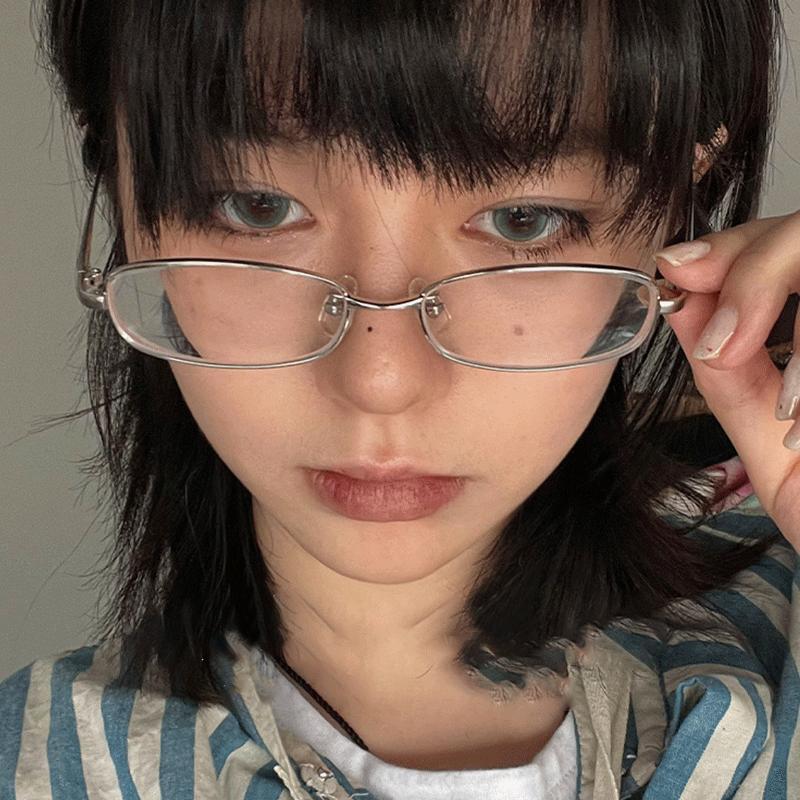 Square Glasses Frame for Women Small Metal Frame Flat Anti-blue Glasses Japanese Men Vintage Trendy Silver Y2K Reading Glasses