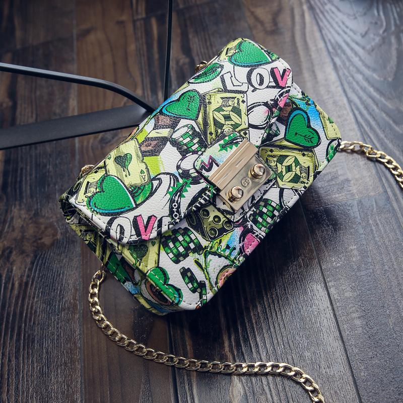 Women s Bag 2 Fashion Printed Graffiti Small Square Bag Chain Lock Oblique Span Shoulder Bag Bags 2570₽