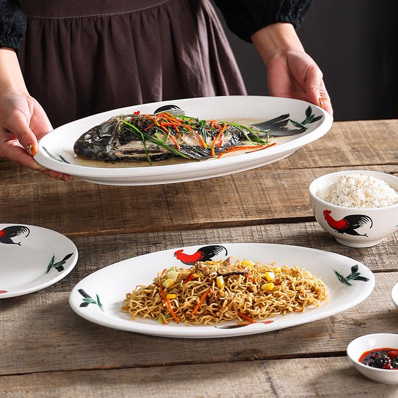 Ceramic Retro Rooster Oval Fish Serving Plate for Microwave & Hotel Use