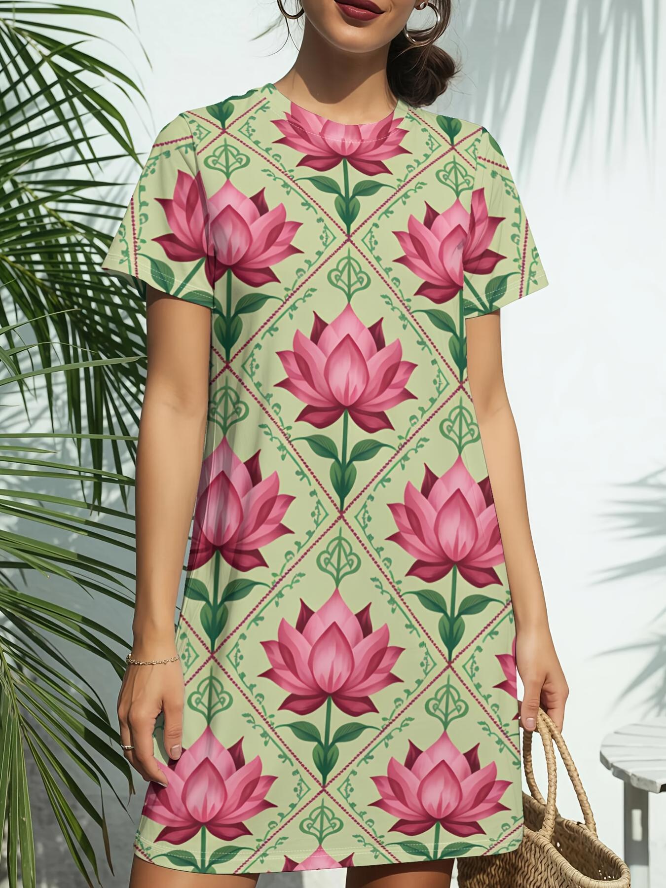 

Pink Rose Bloom New Arrival Women S Round Neck Short-Sleeve T-Shirt Dress. American Trendy Digital Print. Casual Versatile Style for Spring And Summer M дубильная кора