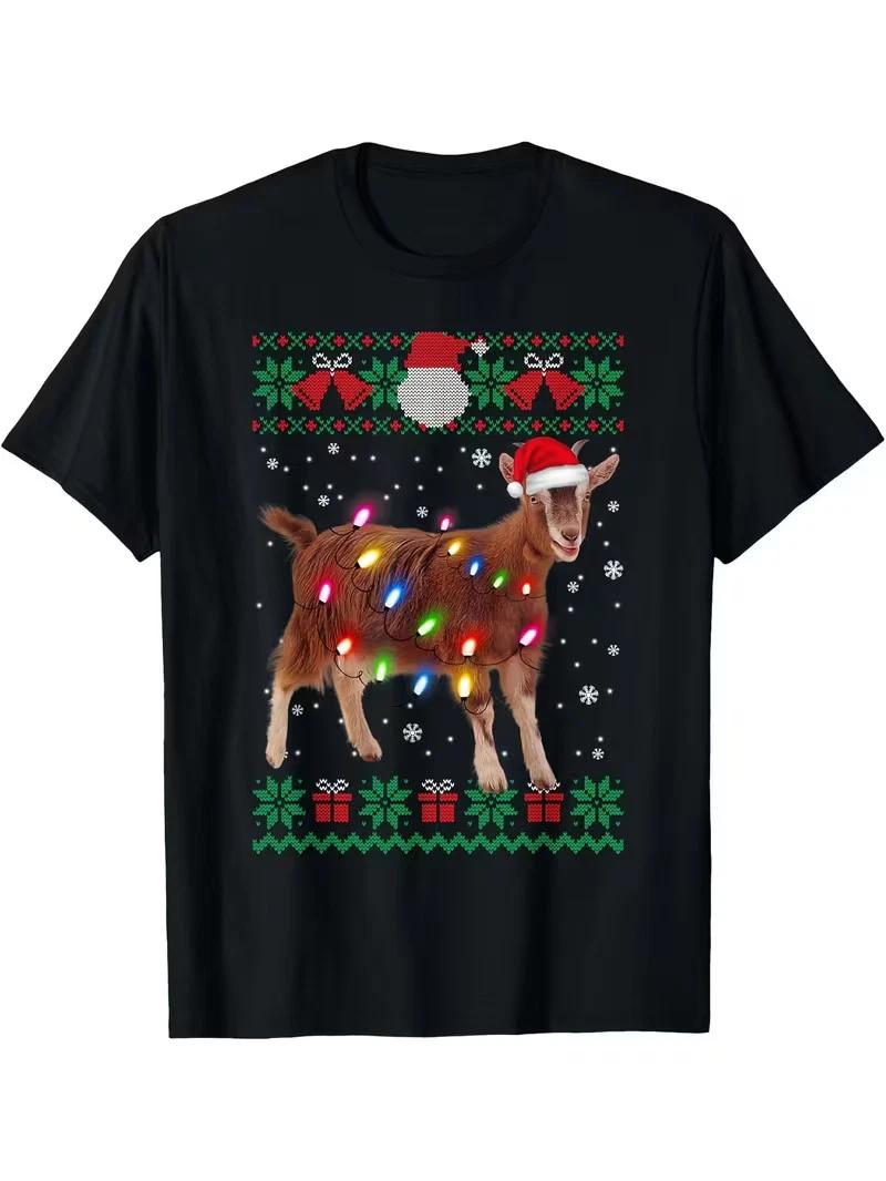 Funny Christmas Goat T-Shirt with Lights - Black Holiday Shirt Featuring Santa H XL