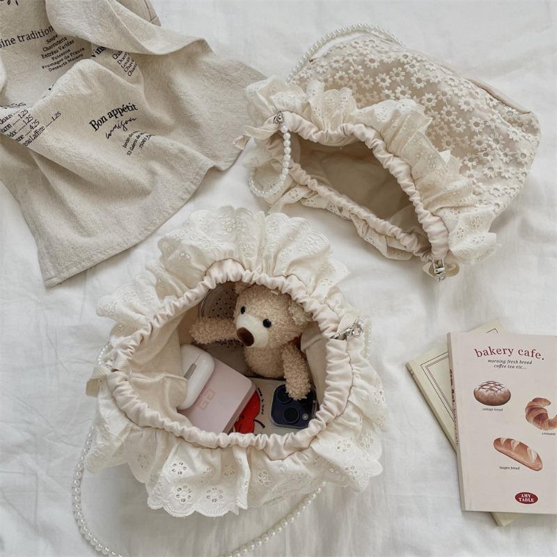 New Trendy Fashion Lace Versatile Drawstring Bucket Bag Shoulder Messenger Bag Pearl Strip Women's Small Bag